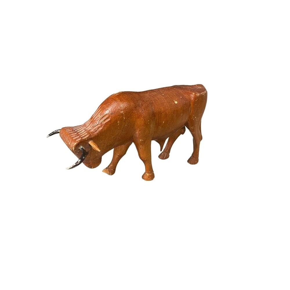 Mid Century Modern Bull Sculpture Wood Handmade Carved Metal Horns (Anatomical)